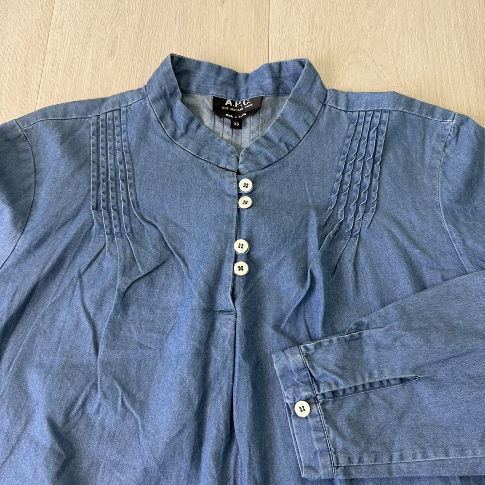 APC Denim Long Sleeve Shirt Ruffles Button Up Women's Size 36 Rue Madame Paris